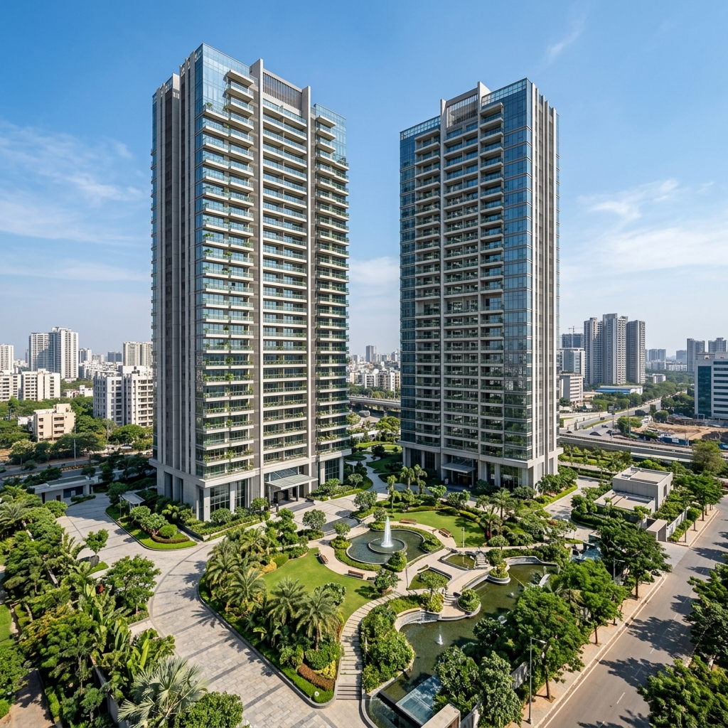 Modern premium residential apartment skyscrapers with green landscaping in India