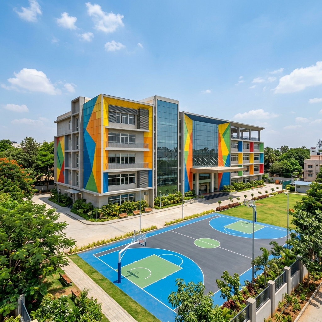 Modern urban school or university campus building in India with contemporary architecture