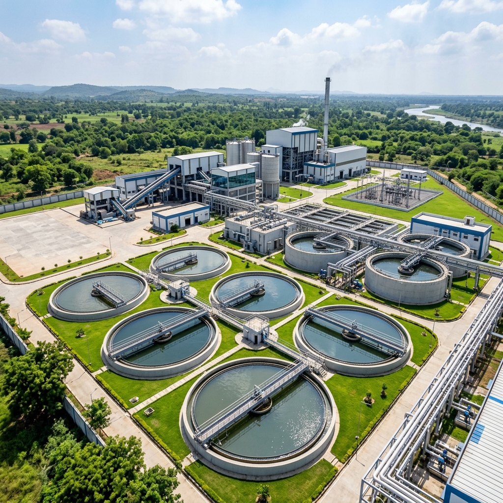 Modern automated wastewater treatment and recycling plant with circular settling clarifiers in India